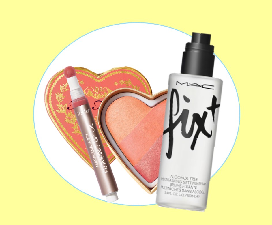 Produtos de maquilhagem usados no editorial de Gémeos: MAC Fix +, Too Faced e Tarte Maracuja Juicy Plumping Lip Oil
